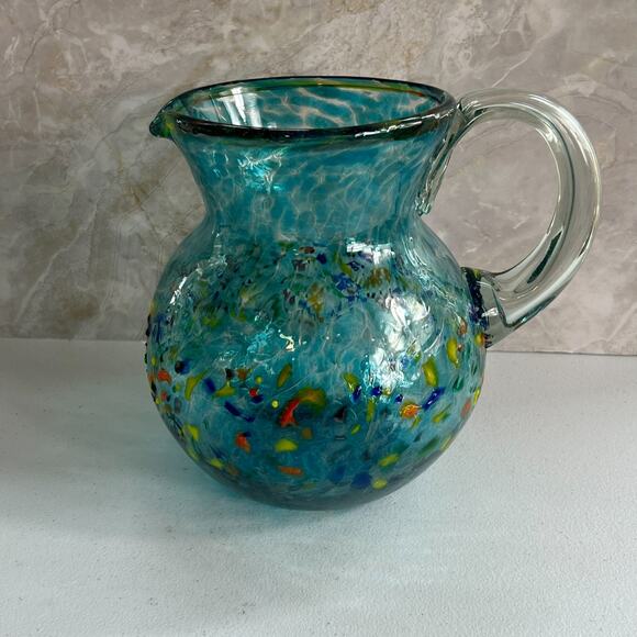 Mexican Hand Blown Glass Art Pitcher Turquoise Multi-Color Confetti 8.5" - Picture 2 of 16
